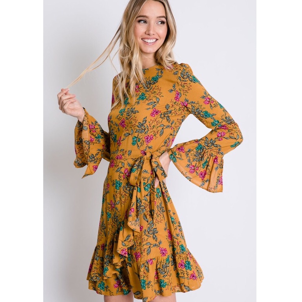 🌷Floral Long Sleeve Faux Wrap Dress - Picture 1 of 8